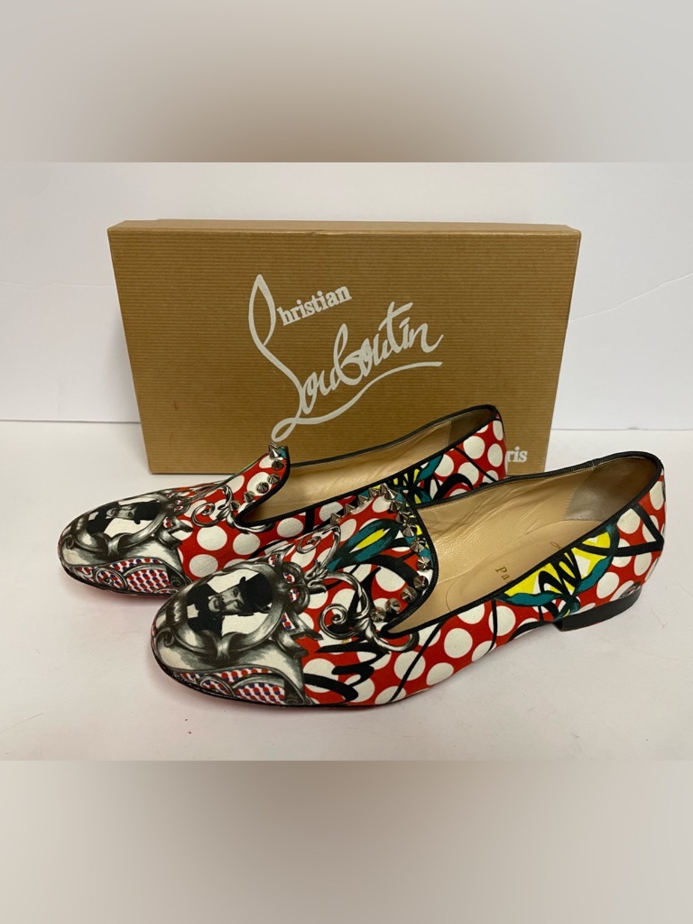 Christian Louboutin Sakouette spikes flat loafers moccasins Loubi print 39.5
